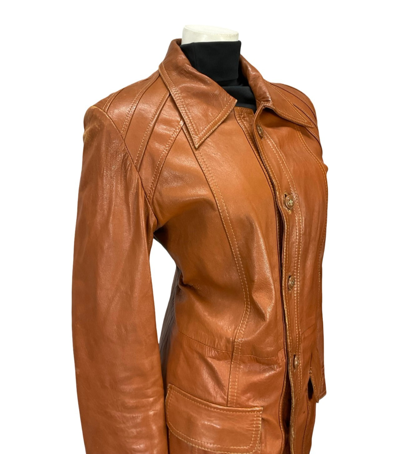VTG 60S 70S BROWN LEATHER MOD DAGGER COLLAR JACKET WITH POCKETS 12