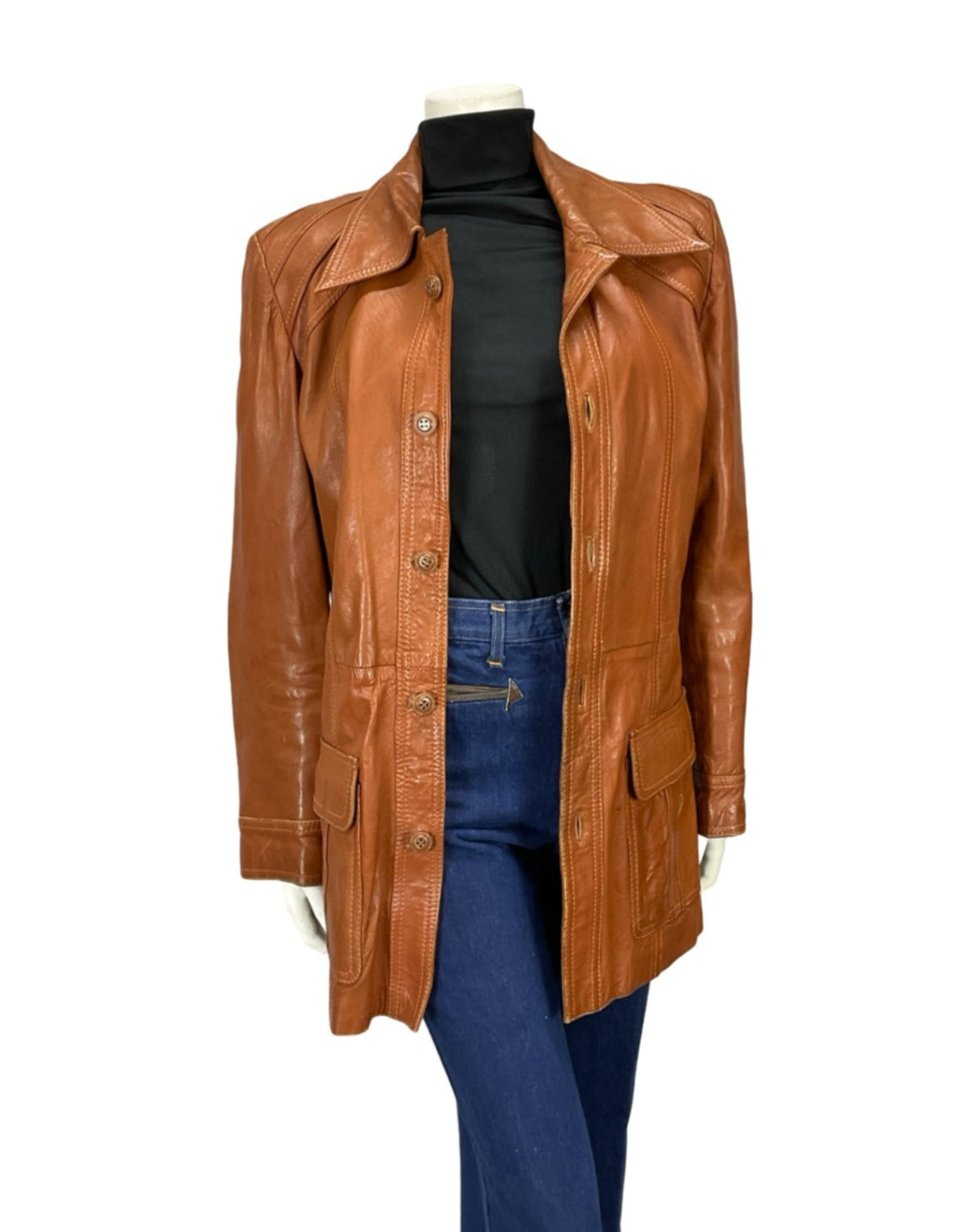 VTG 60S 70S BROWN LEATHER MOD DAGGER COLLAR JACKET WITH POCKETS 12