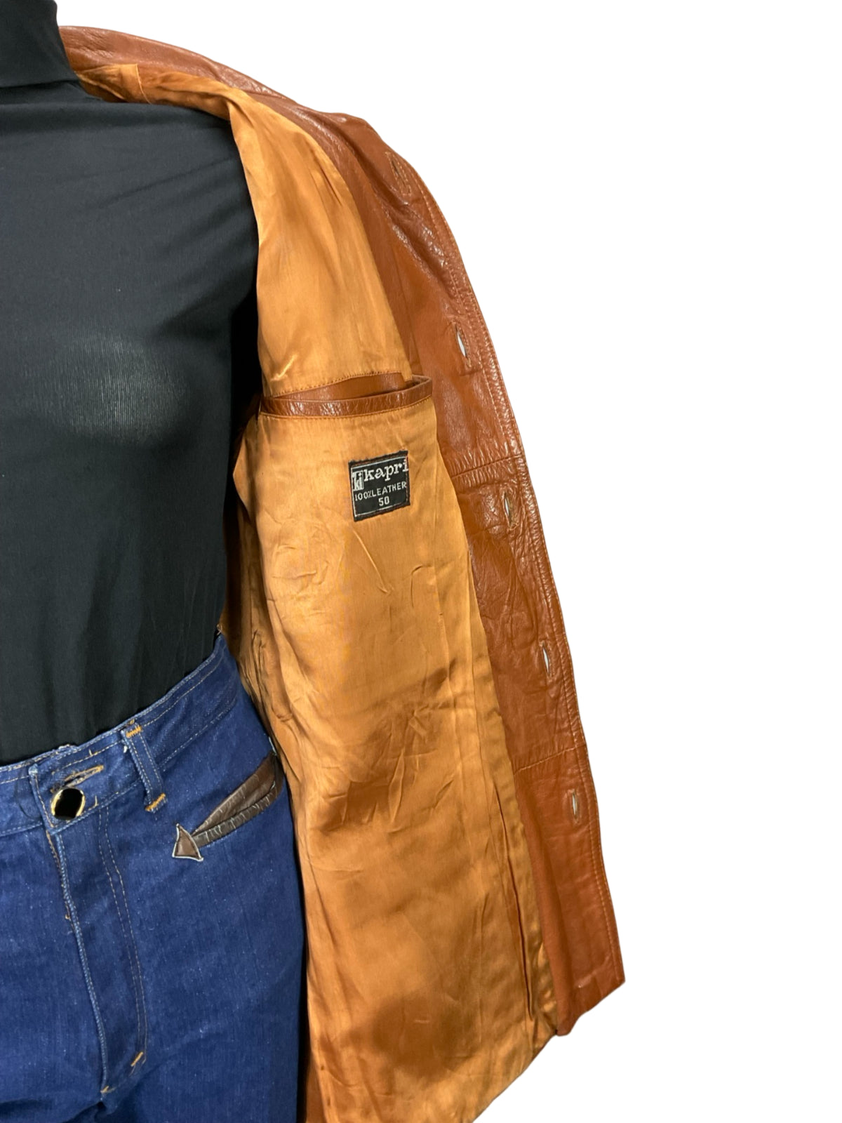 VTG 60S 70S BROWN LEATHER MOD DAGGER COLLAR JACKET WITH POCKETS 12