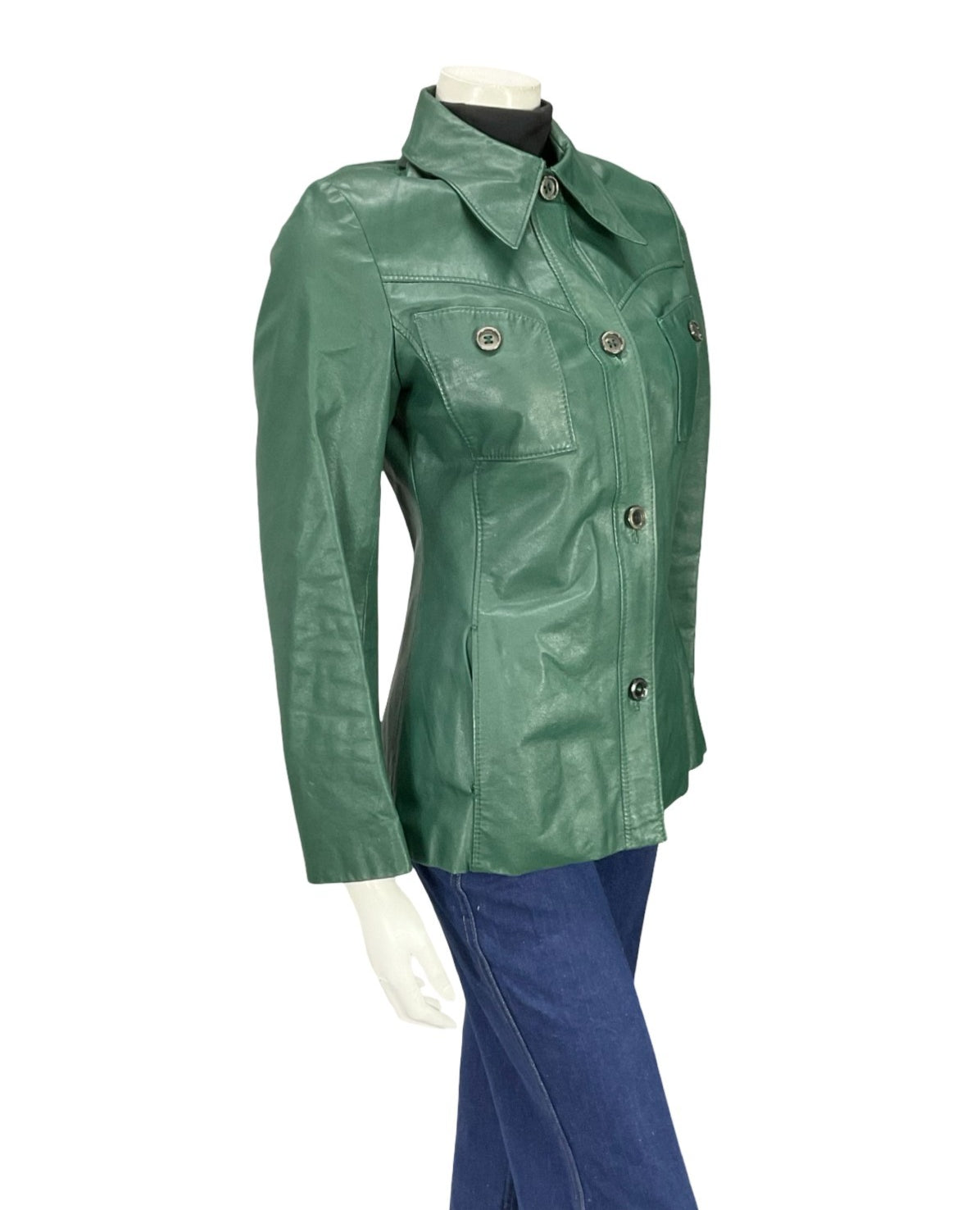 VTG 60S 70S MOD FOREST GREEN GREEN LEATHER DAGGER COLLAR LEATHER JACKET 8
