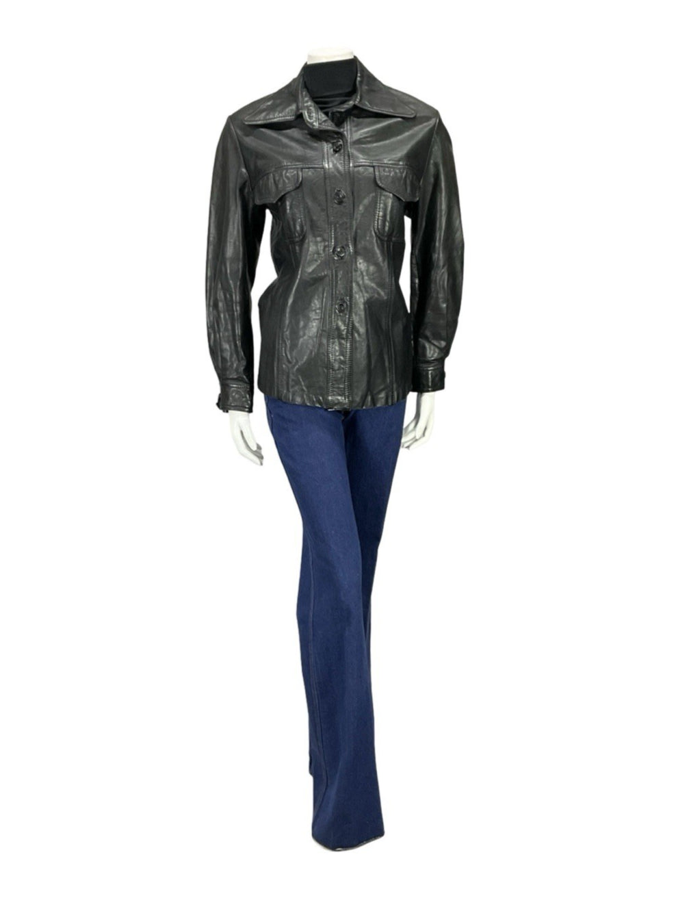 VTG 60S 70S JET BLACK LEATHER DAGGER COLLAR MOD JACKET WITH POCKETS 16
