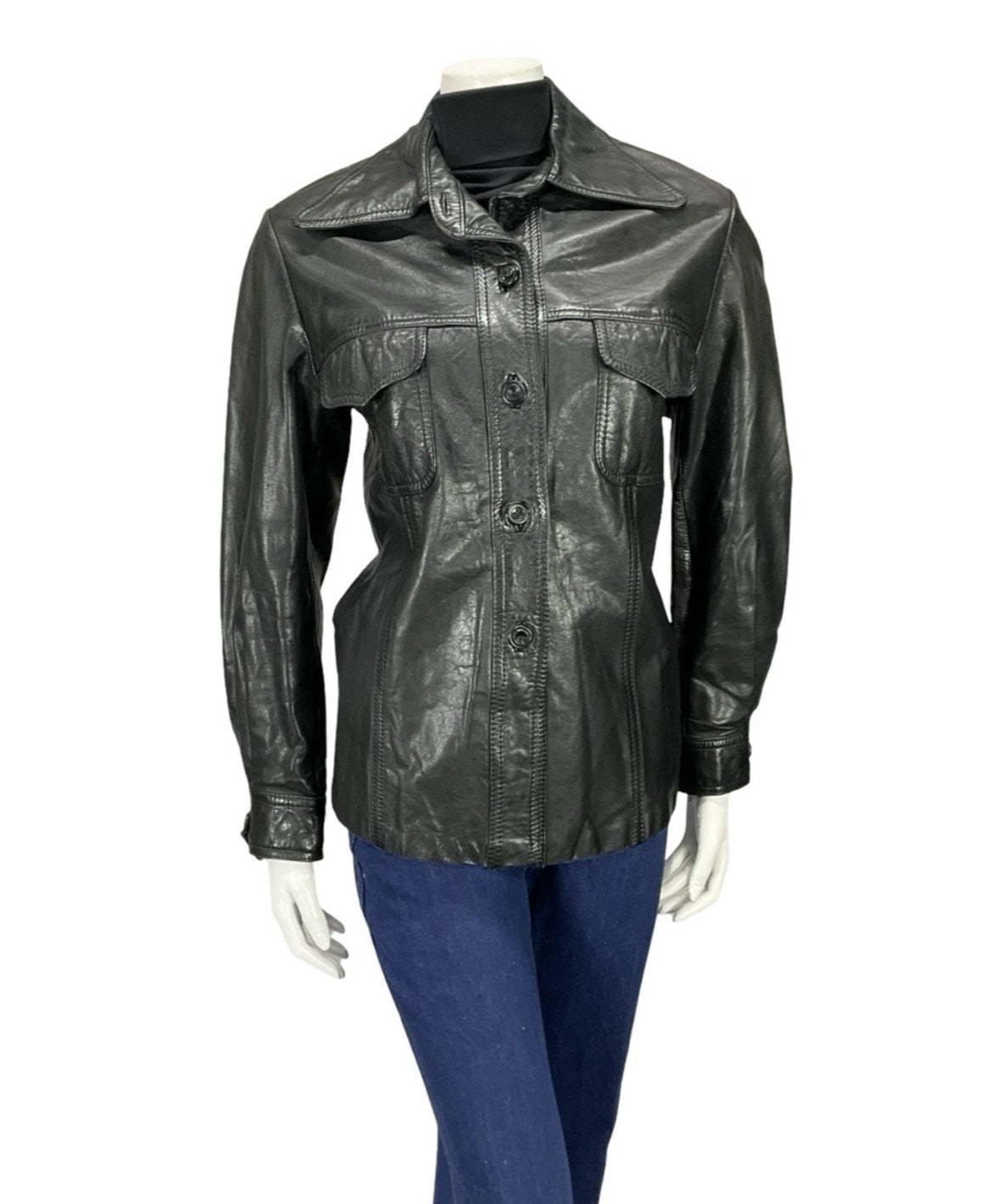 VTG 60S 70S JET BLACK LEATHER DAGGER COLLAR MOD JACKET WITH POCKETS 16