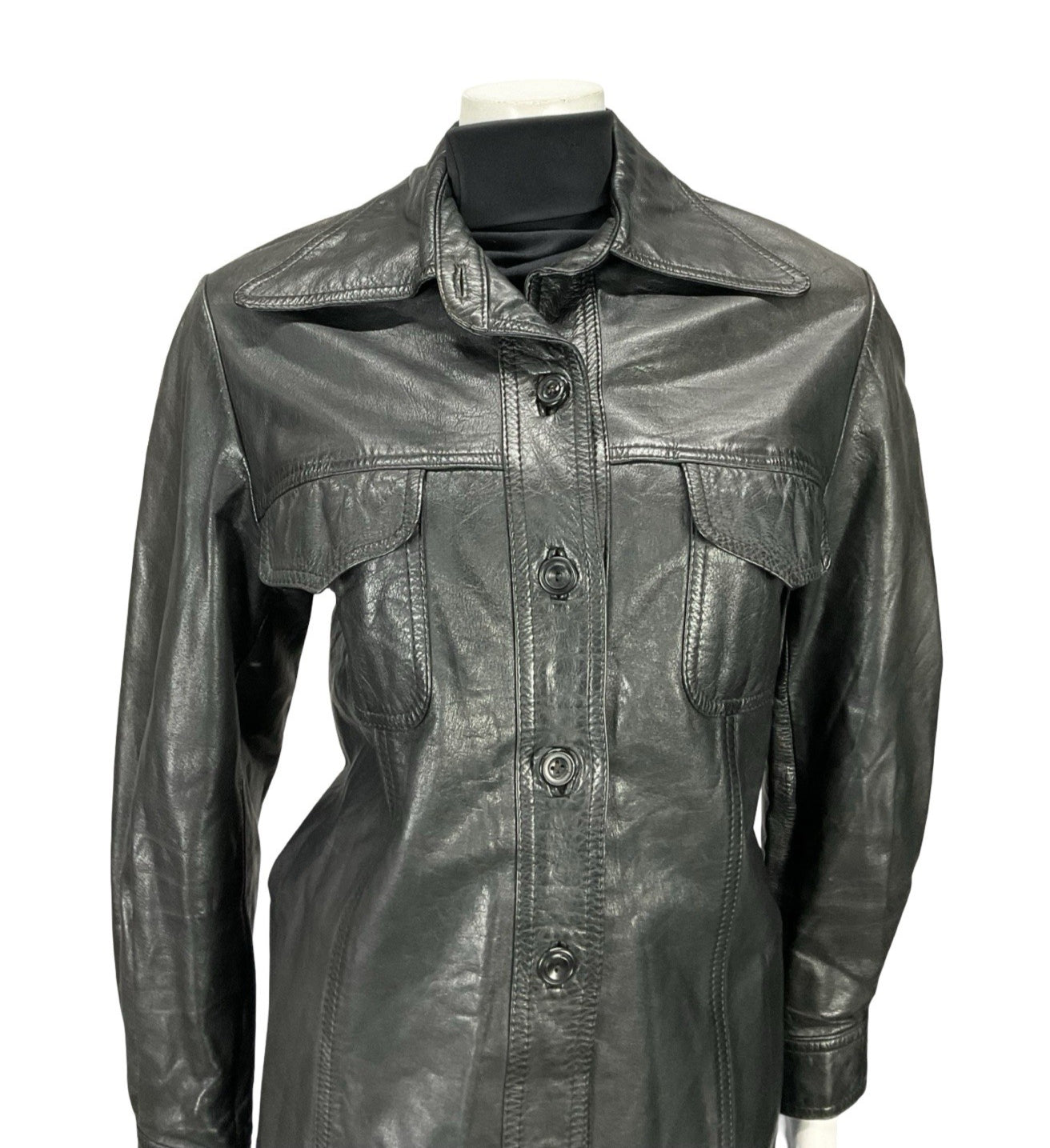 VTG 60S 70S JET BLACK LEATHER DAGGER COLLAR MOD JACKET WITH POCKETS 16