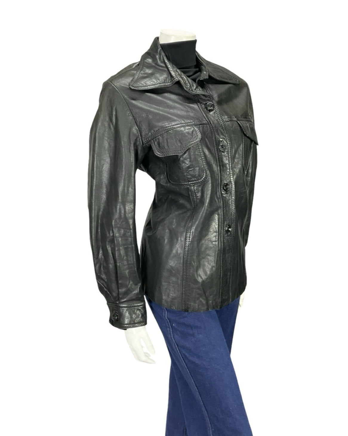 VTG 60S 70S JET BLACK LEATHER DAGGER COLLAR MOD JACKET WITH POCKETS 16