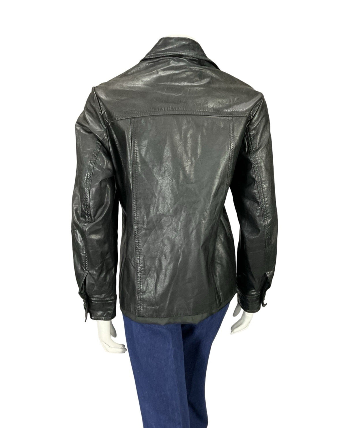 VTG 60S 70S JET BLACK LEATHER DAGGER COLLAR MOD JACKET WITH POCKETS 16