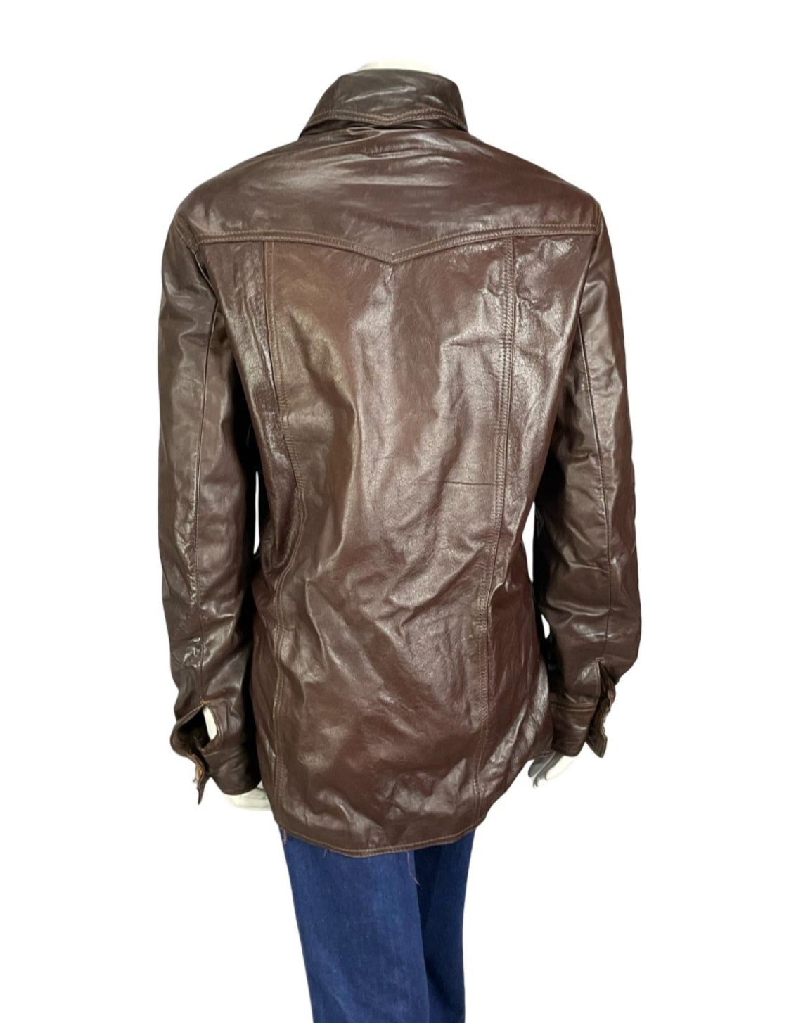 VTG 60S 70S CHOCOLATE BROWN LEATHER DOG EAR COLLAR BUTTON UP MOD JACKET 16 18 L