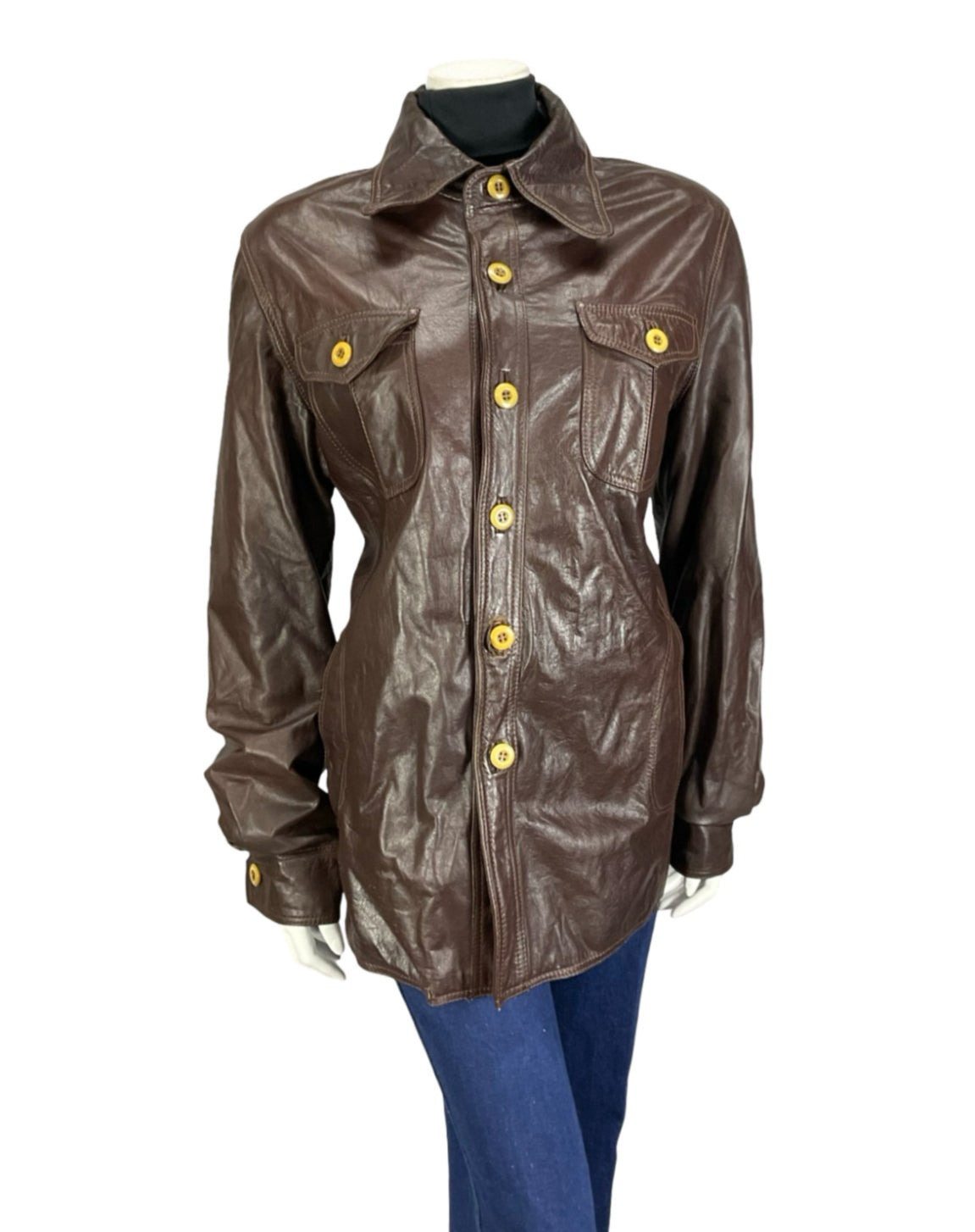 VTG 60S 70S CHOCOLATE BROWN LEATHER DOG EAR COLLAR BUTTON UP MOD JACKET 16 18 L