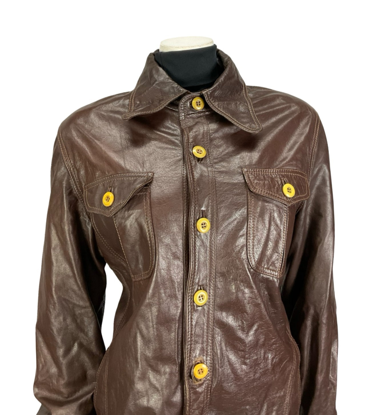 VTG 60S 70S CHOCOLATE BROWN LEATHER DOG EAR COLLAR BUTTON UP MOD JACKET 16 18 L
