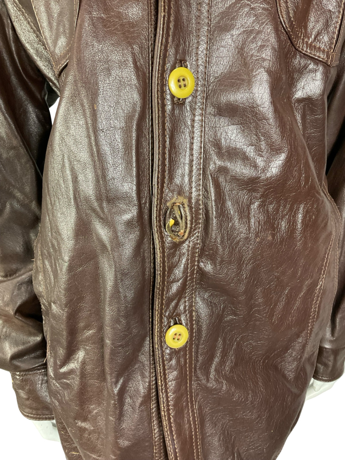 VTG 60S 70S CHOCOLATE BROWN LEATHER DOG EAR COLLAR BUTTON UP MOD JACKET 16 18 L
