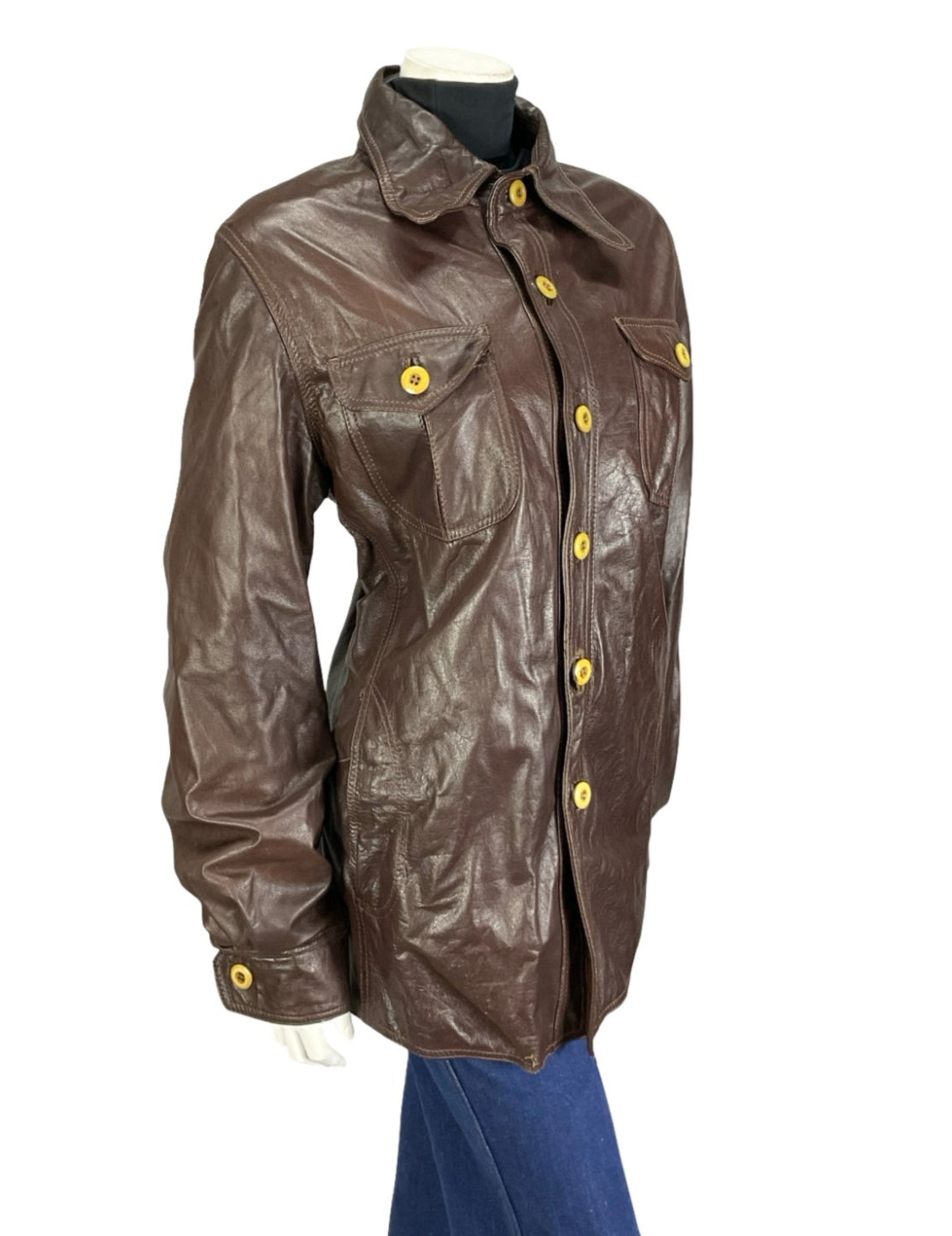 VTG 60S 70S CHOCOLATE BROWN LEATHER DOG EAR COLLAR BUTTON UP MOD JACKET 16 18 L