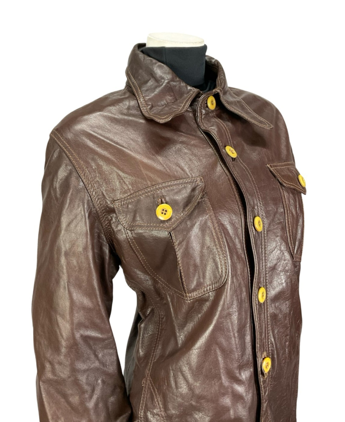 VTG 60S 70S CHOCOLATE BROWN LEATHER DOG EAR COLLAR BUTTON UP MOD JACKET 16 18 L