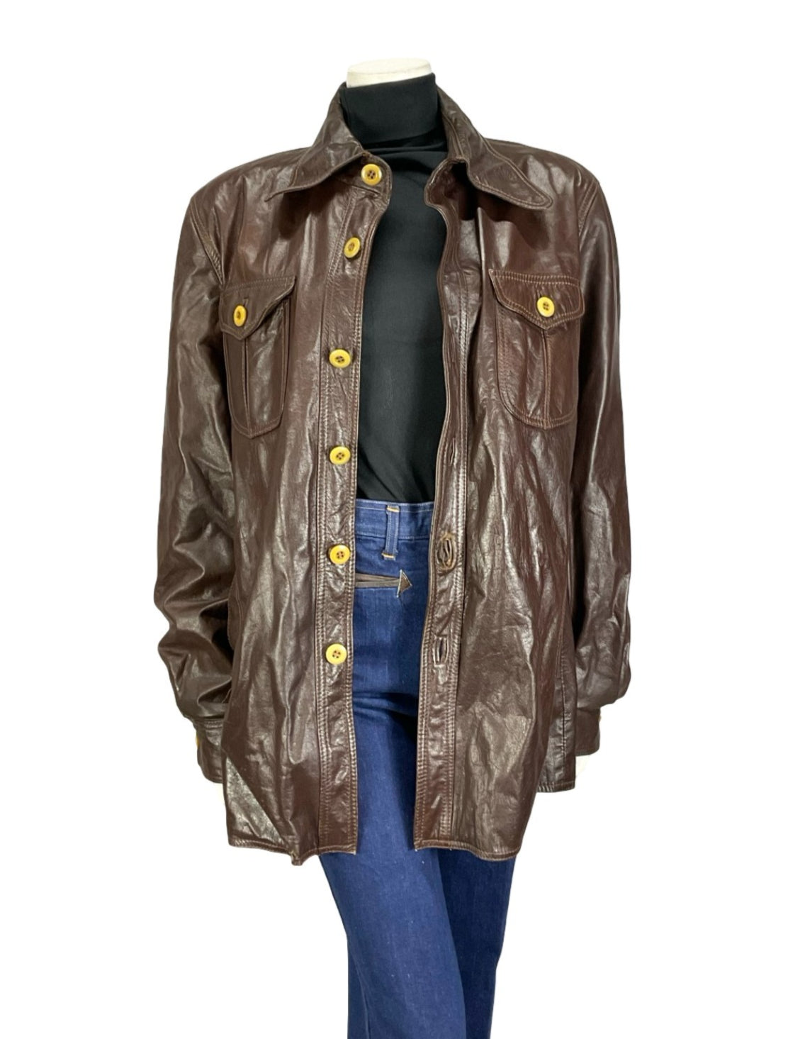 VTG 60S 70S CHOCOLATE BROWN LEATHER DOG EAR COLLAR BUTTON UP MOD JACKET 16 18 L
