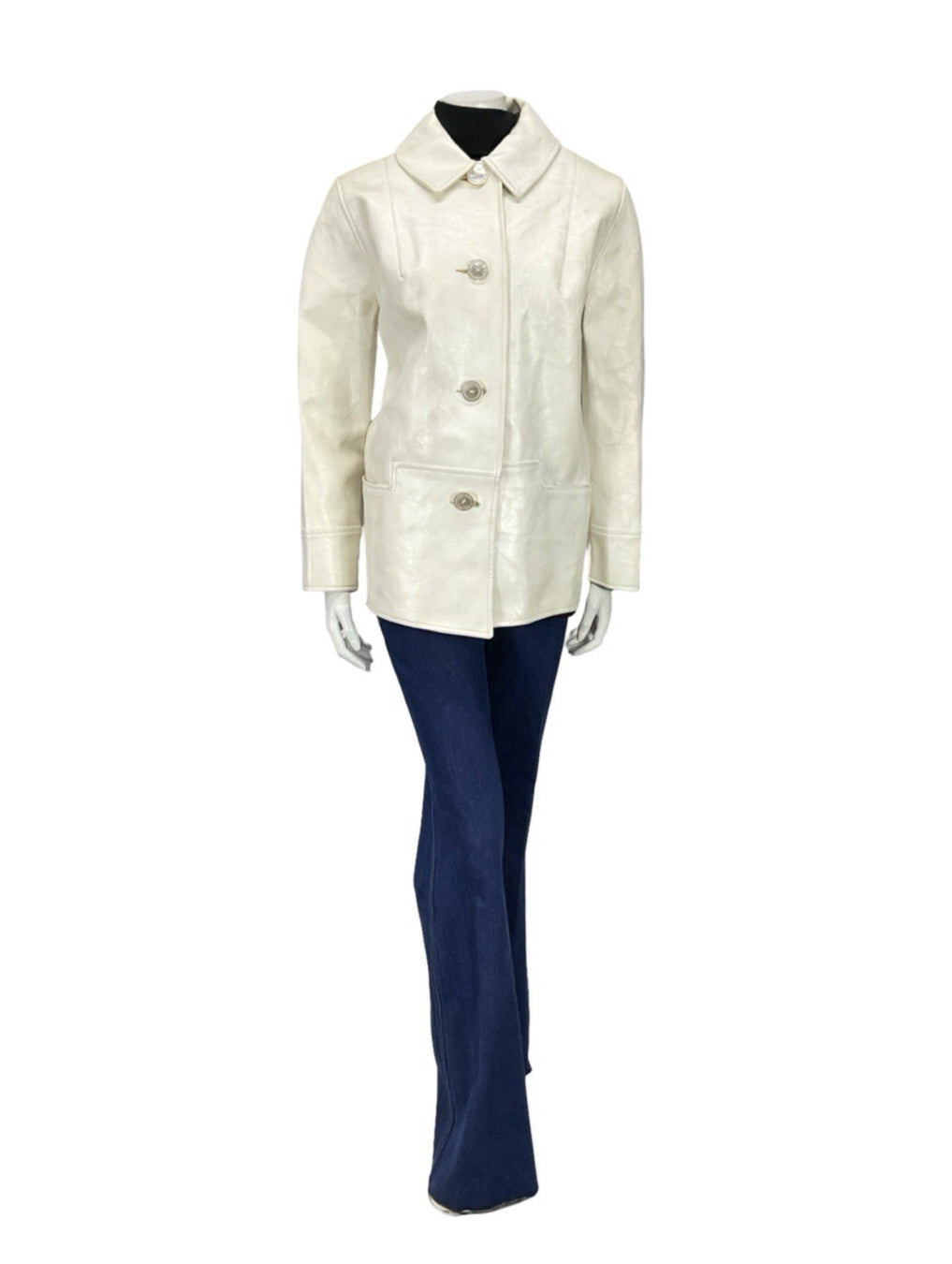 VTG 60S MOD GOGO GEOMETRIC WHITE LEATHER SHIFT COAT ZIP FAUX FUR GILET 16 18 L