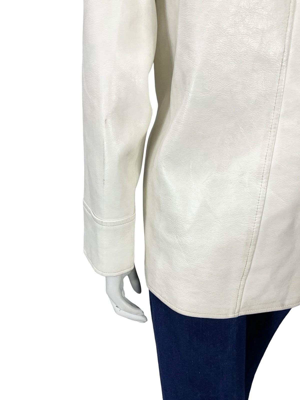 VTG 60S MOD GOGO GEOMETRIC WHITE LEATHER SHIFT COAT ZIP FAUX FUR GILET 16 18 L