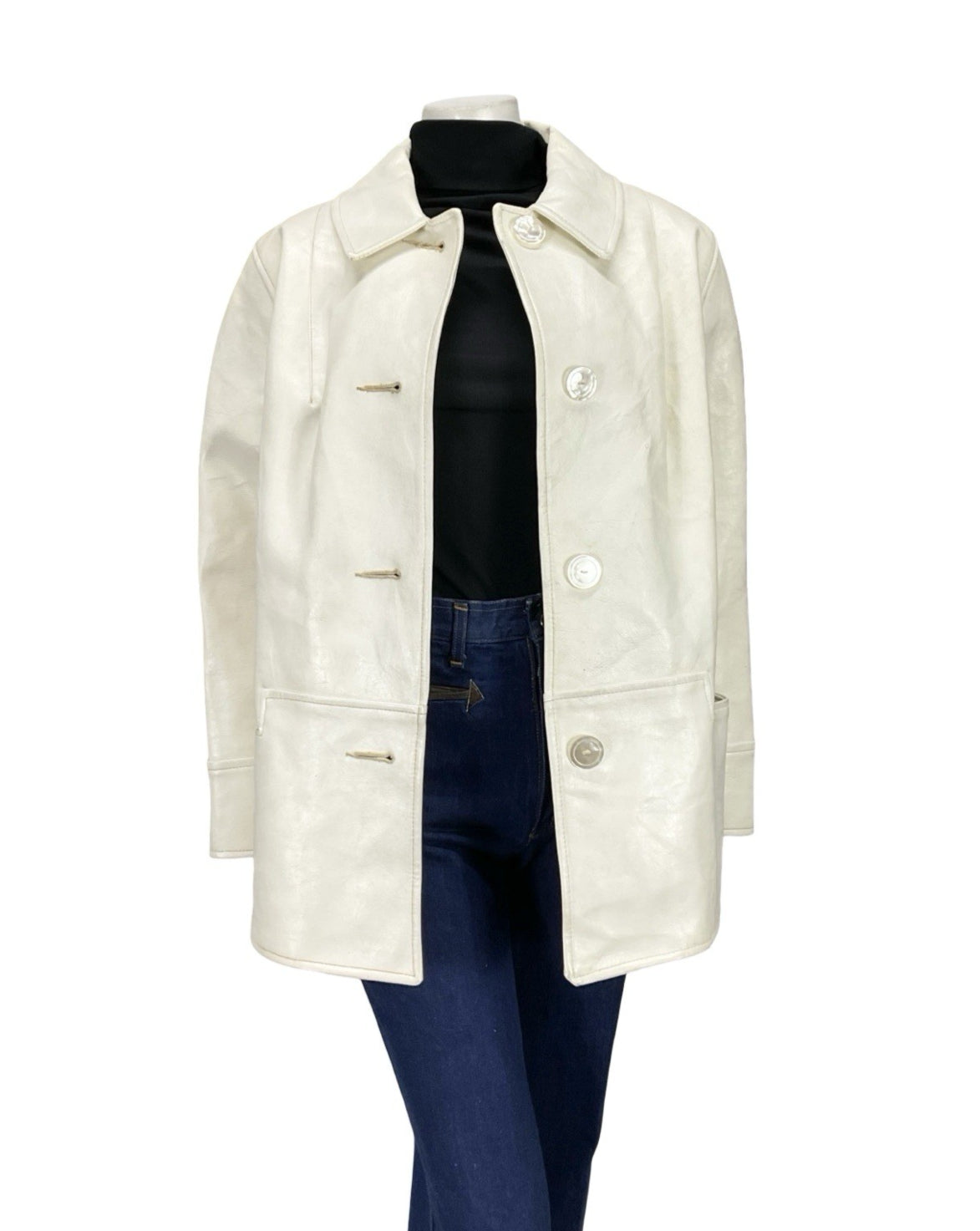 VTG 60S MOD GOGO GEOMETRIC WHITE LEATHER SHIFT COAT ZIP FAUX FUR GILET 16 18 L