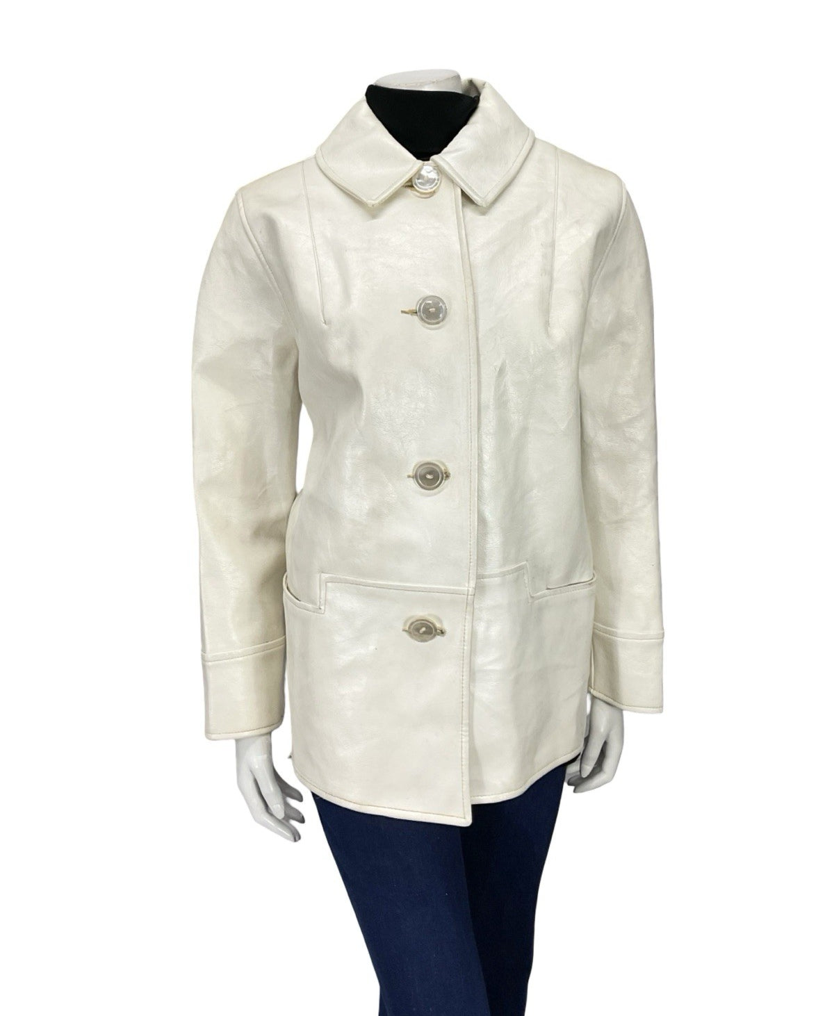 VTG 60S MOD GOGO GEOMETRIC WHITE LEATHER SHIFT COAT ZIP FAUX FUR GILET 16 18 L
