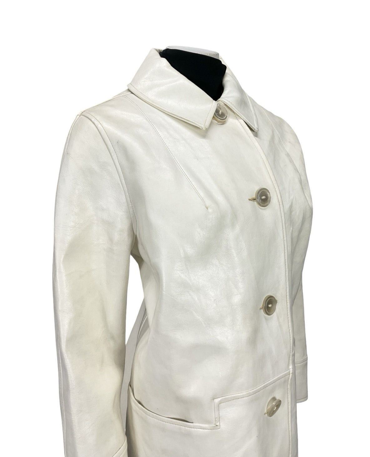 VTG 60S MOD GOGO GEOMETRIC WHITE LEATHER SHIFT COAT ZIP FAUX FUR GILET 16 18 L