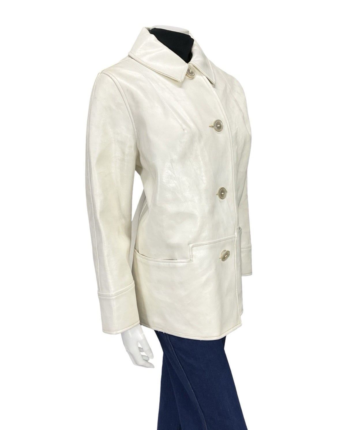 VTG 60S MOD GOGO GEOMETRIC WHITE LEATHER SHIFT COAT ZIP FAUX FUR GILET 16 18 L