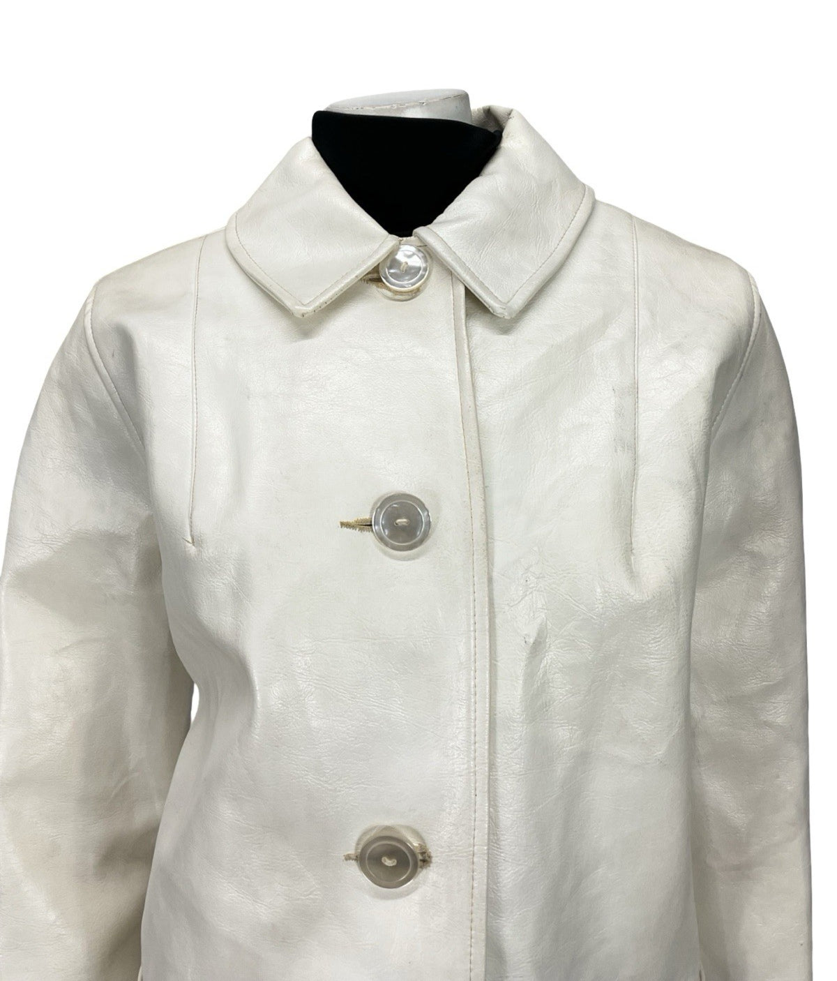 VTG 60S MOD GOGO GEOMETRIC WHITE LEATHER SHIFT COAT ZIP FAUX FUR GILET 16 18 L