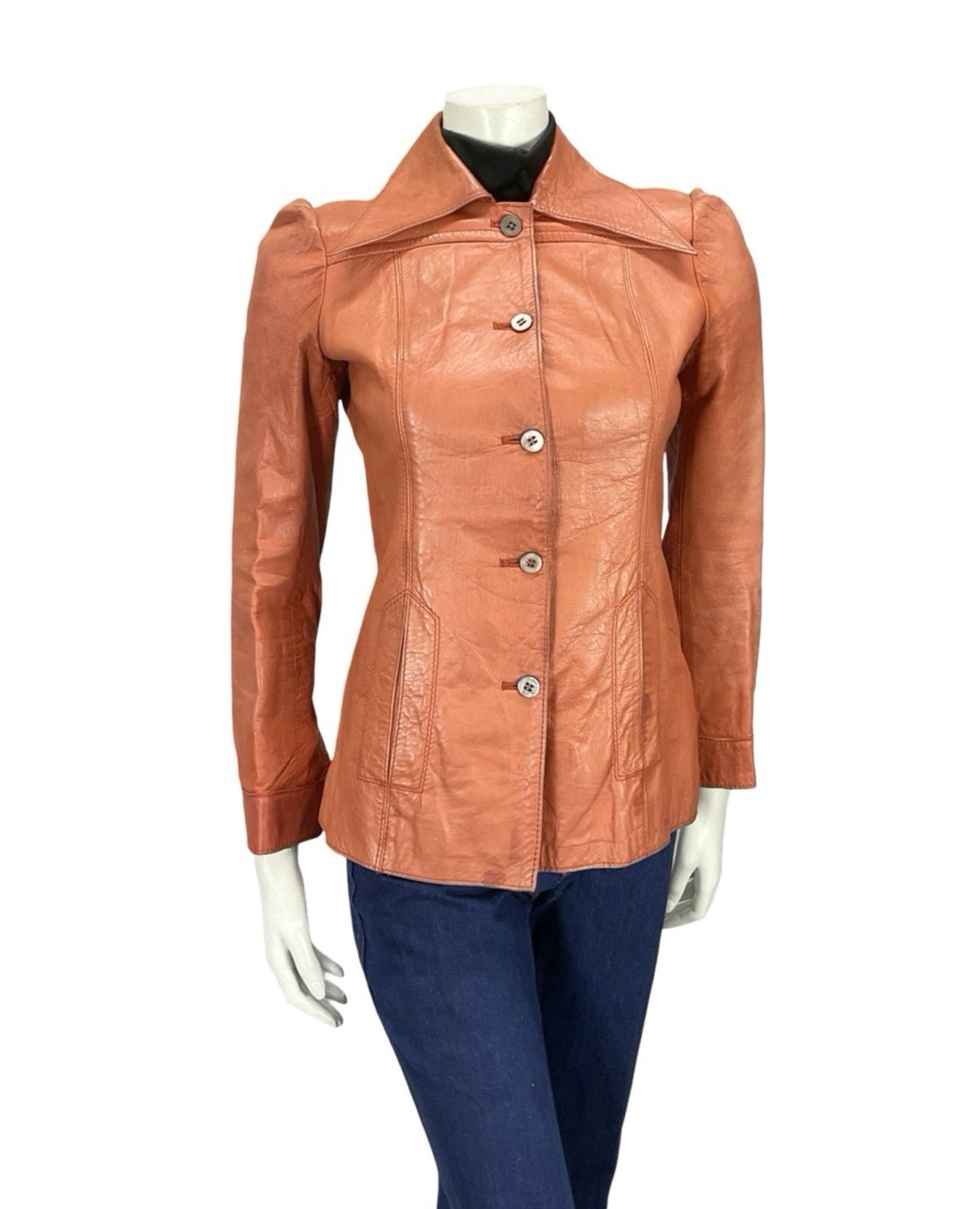 VTG 70S SALMON TAN LEATHER DAGGER WING COLLAR MOD WELT POCKET JACKET 8