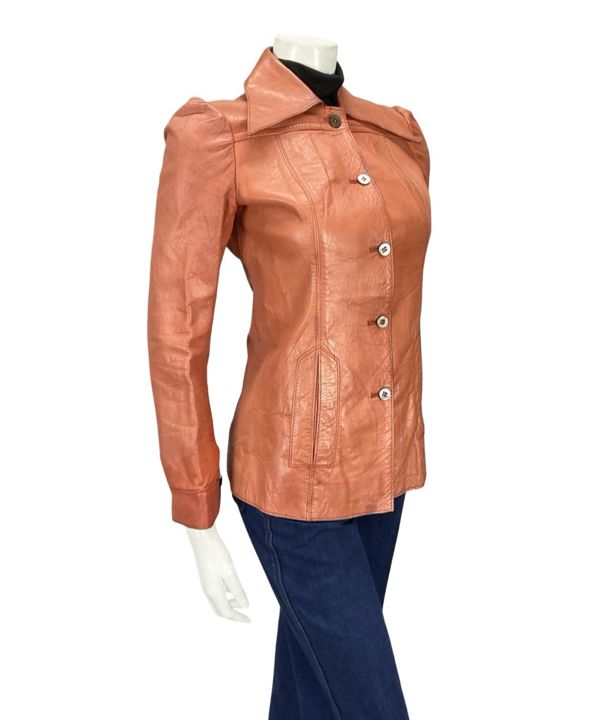 VTG 70S SALMON TAN LEATHER DAGGER WING COLLAR MOD WELT POCKET JACKET 8
