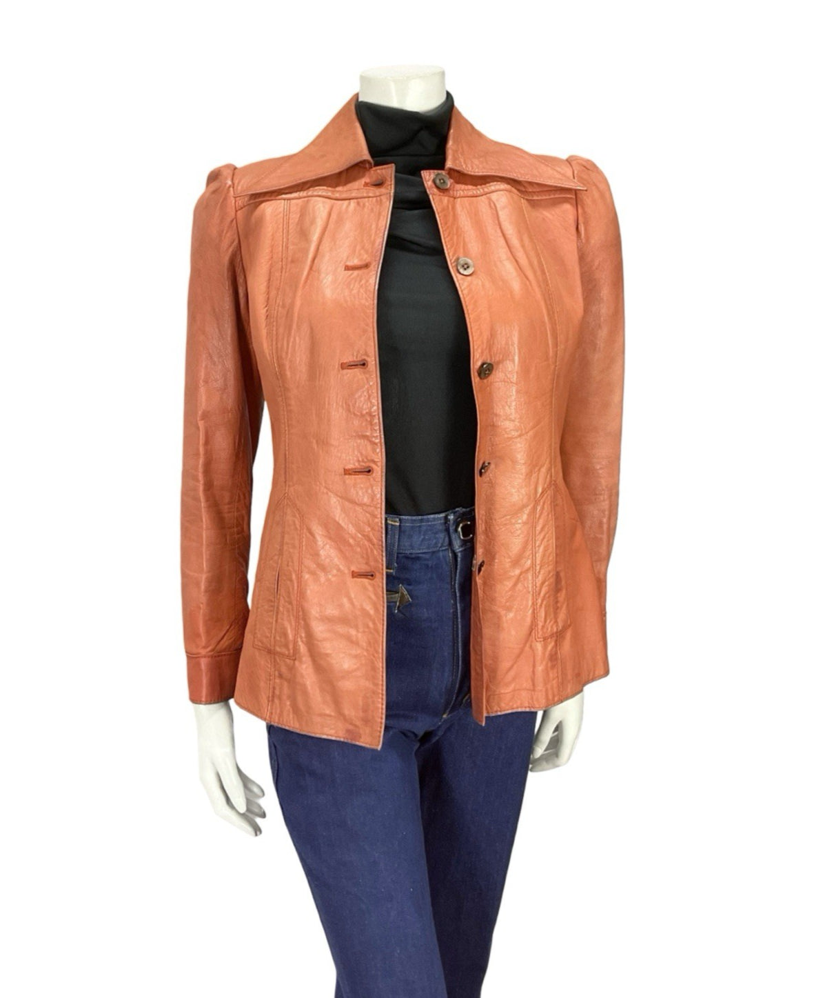 VTG 70S SALMON TAN LEATHER DAGGER WING COLLAR MOD WELT POCKET JACKET 8