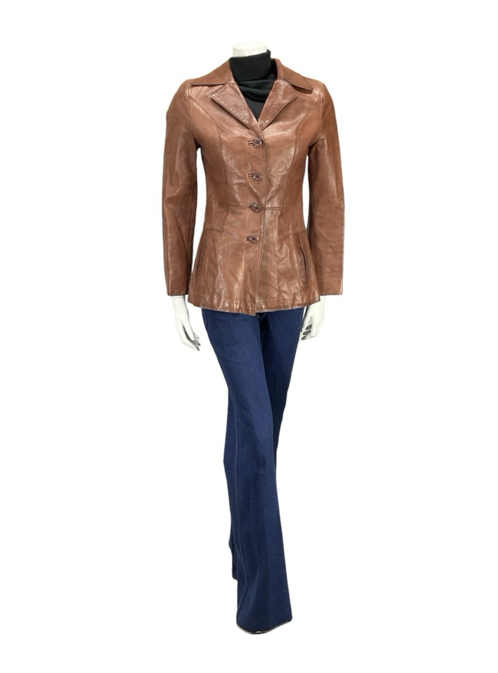 VTG 60S 70S TAN BROWN LEATHER NOTCH LAPEL MOD WELT POCKET BUTTON DOWN JACKET 8