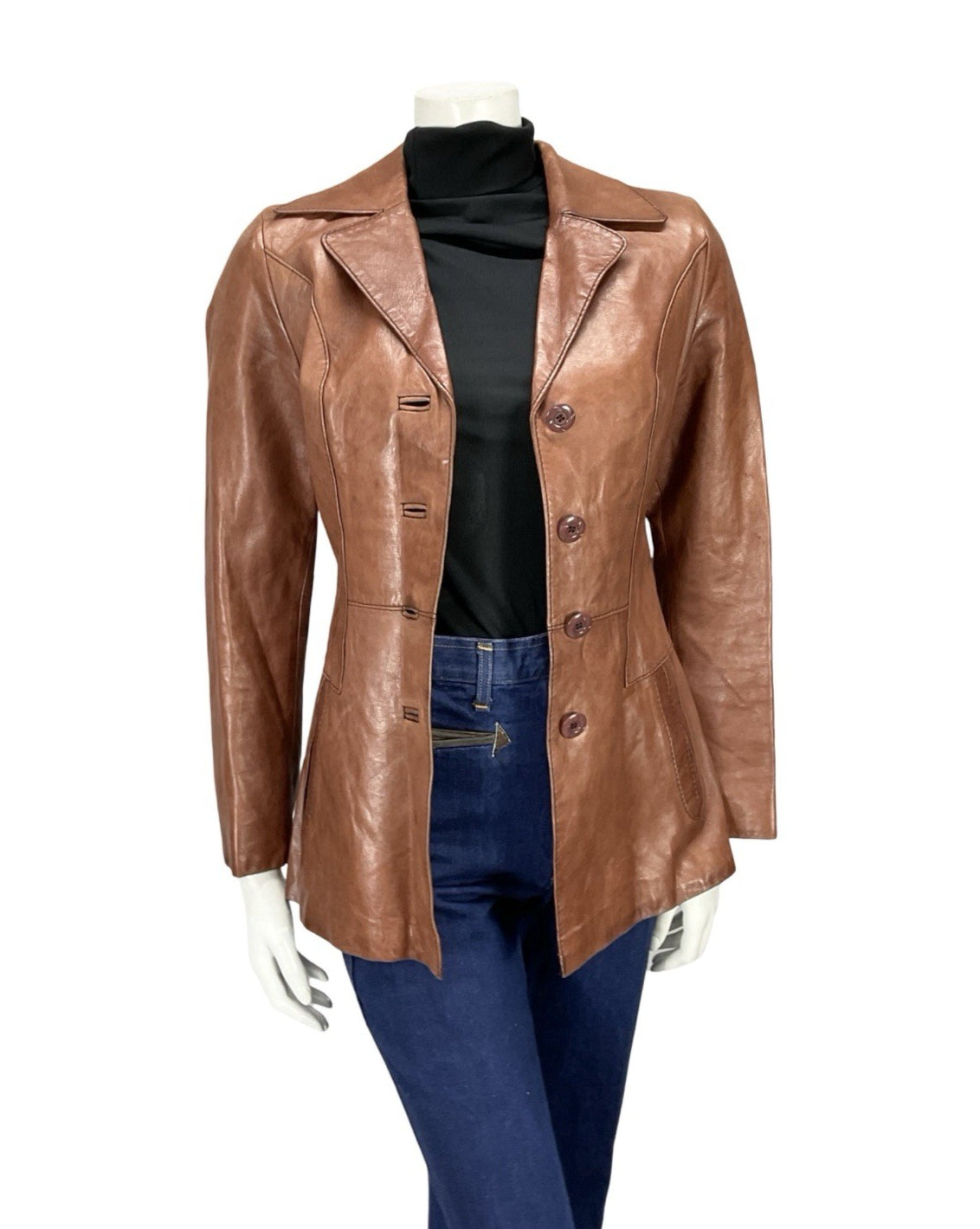VTG 60S 70S TAN BROWN LEATHER NOTCH LAPEL MOD WELT POCKET BUTTON DOWN JACKET 8