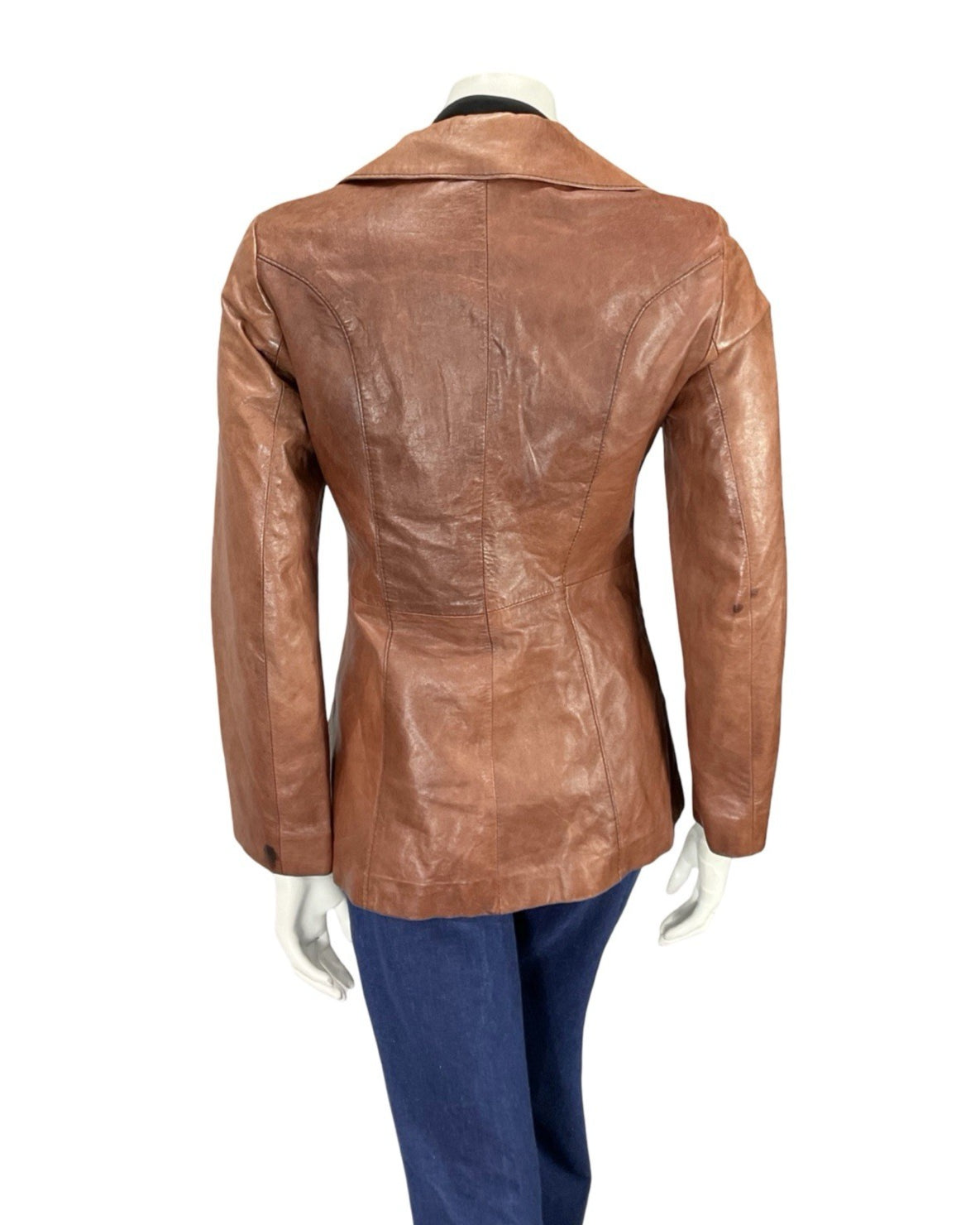 VTG 60S 70S TAN BROWN LEATHER NOTCH LAPEL MOD WELT POCKET BUTTON DOWN JACKET 8