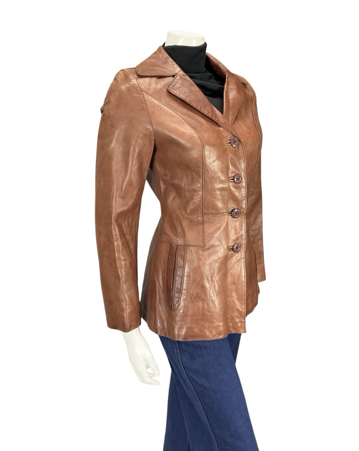 VTG 60S 70S TAN BROWN LEATHER NOTCH LAPEL MOD WELT POCKET BUTTON DOWN JACKET 8