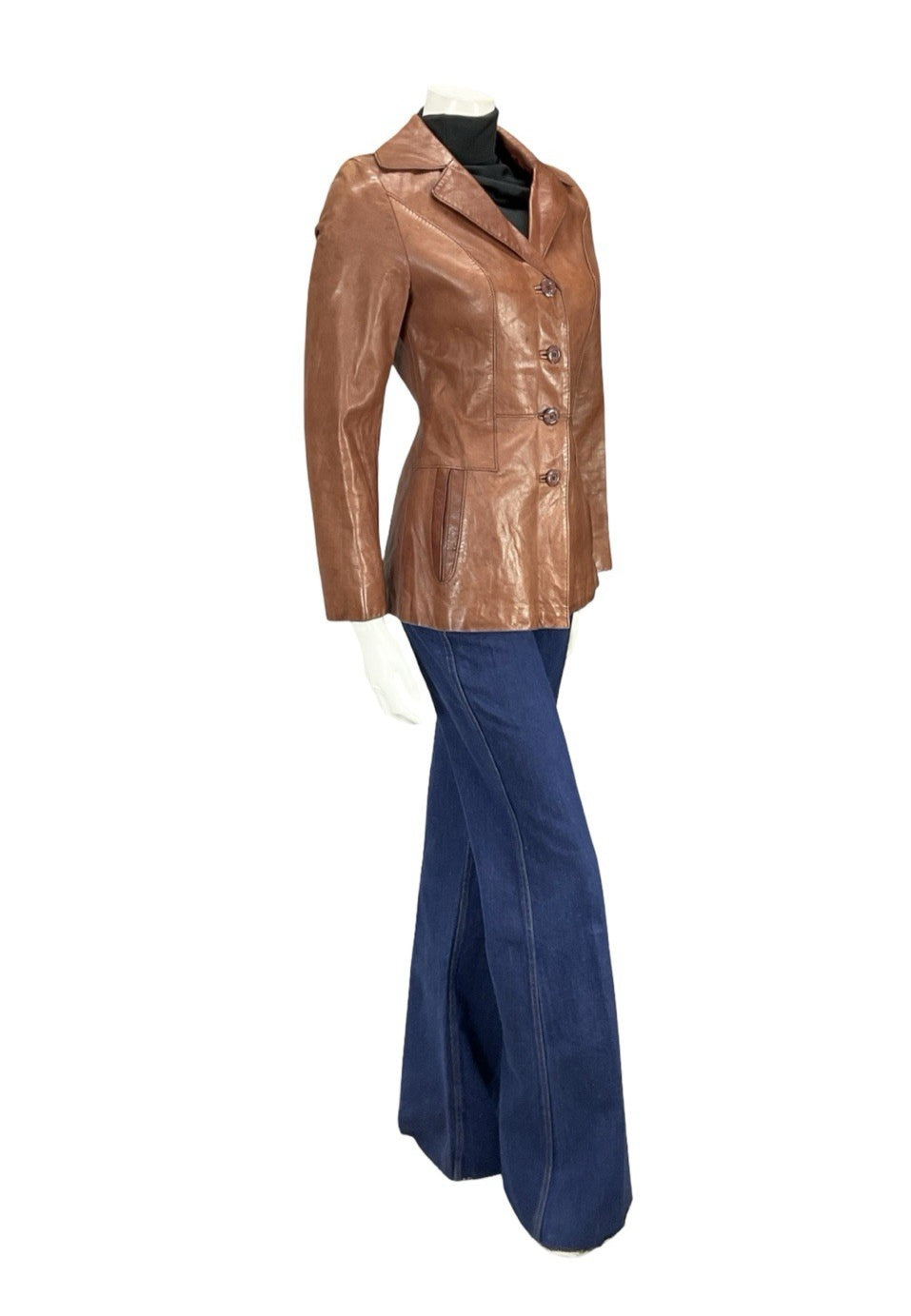 VTG 60S 70S TAN BROWN LEATHER NOTCH LAPEL MOD WELT POCKET BUTTON DOWN JACKET 8