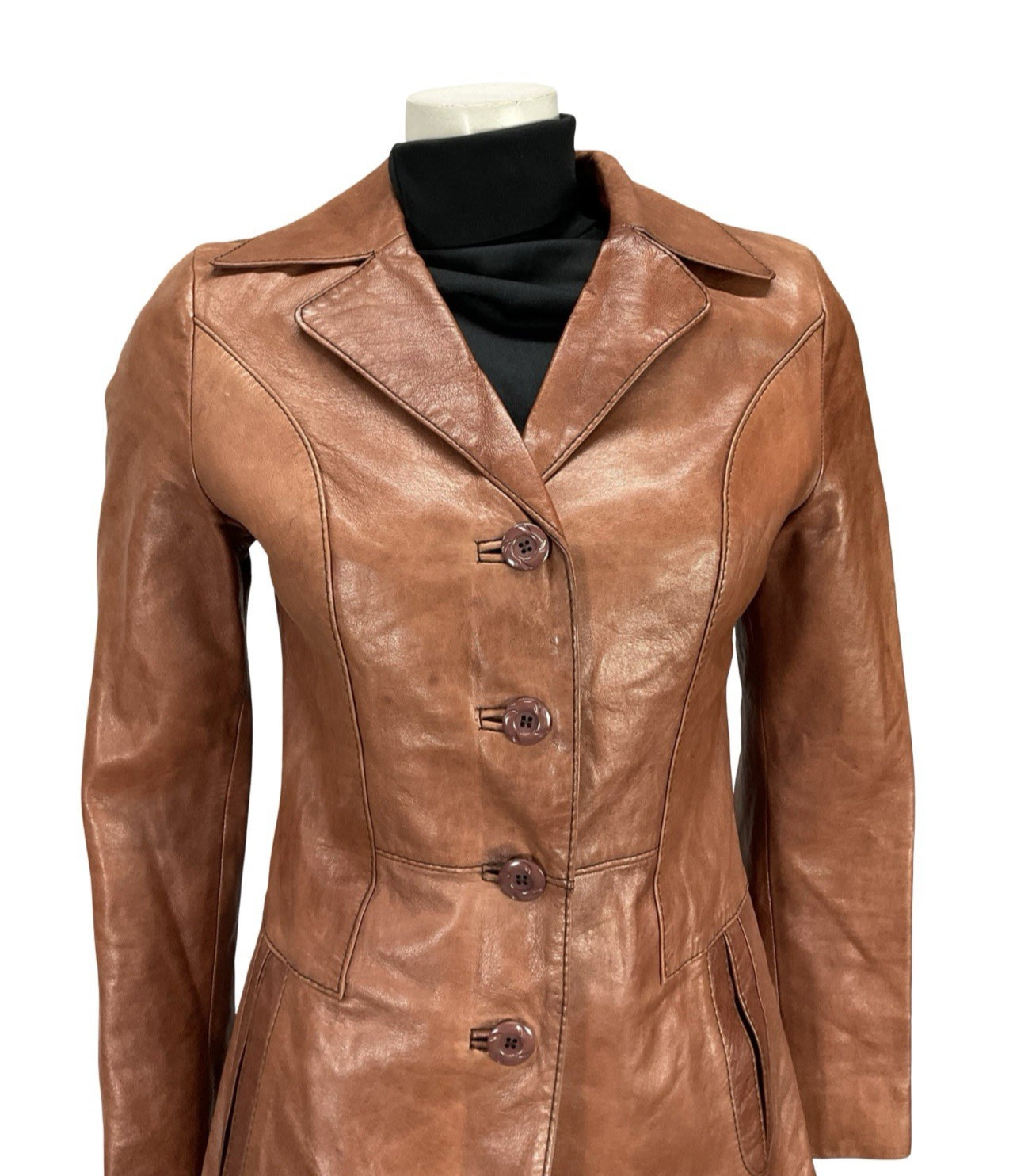 VTG 60S 70S TAN BROWN LEATHER NOTCH LAPEL MOD WELT POCKET BUTTON DOWN JACKET 8