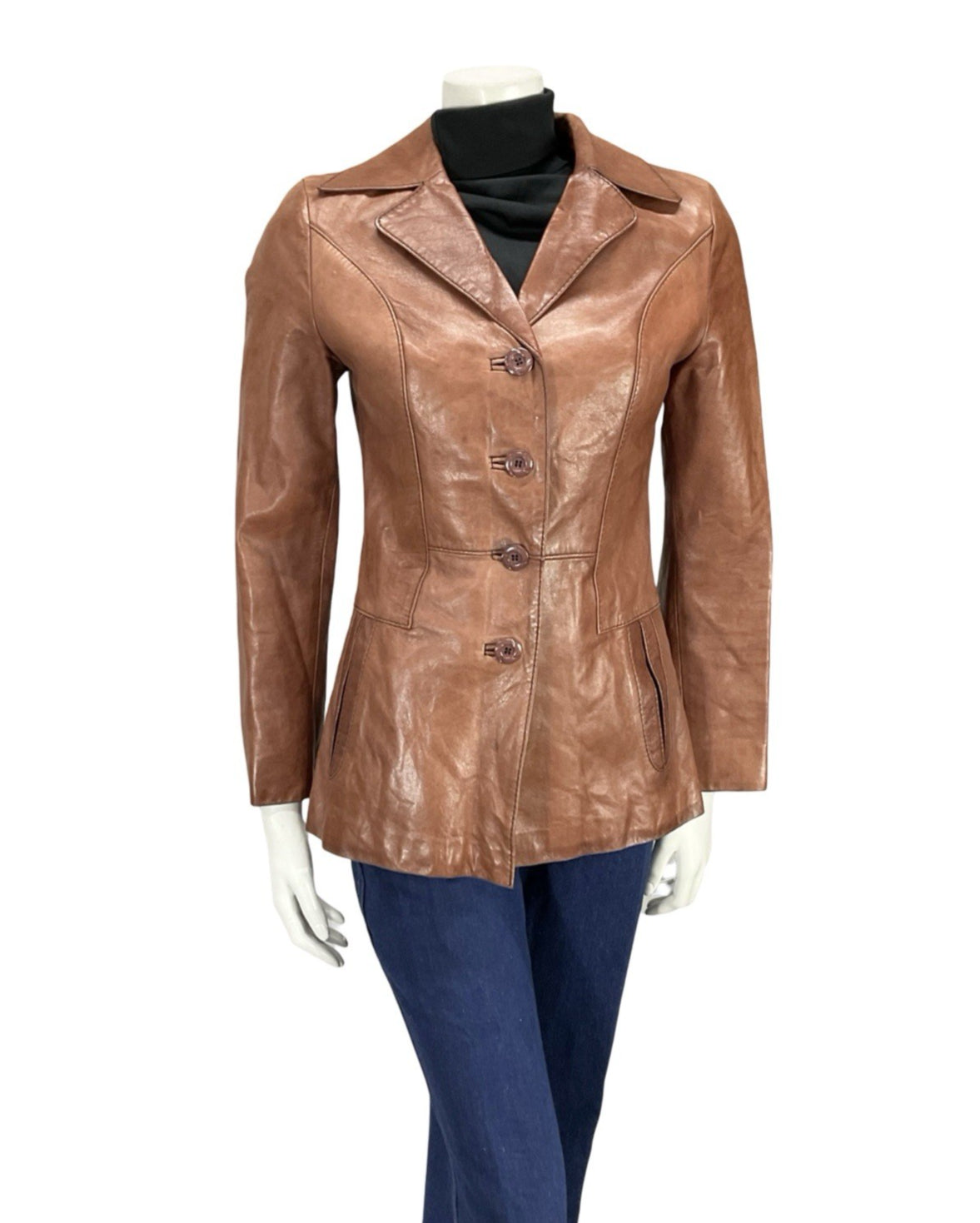 VTG 60S 70S TAN BROWN LEATHER NOTCH LAPEL MOD WELT POCKET BUTTON DOWN JACKET 8