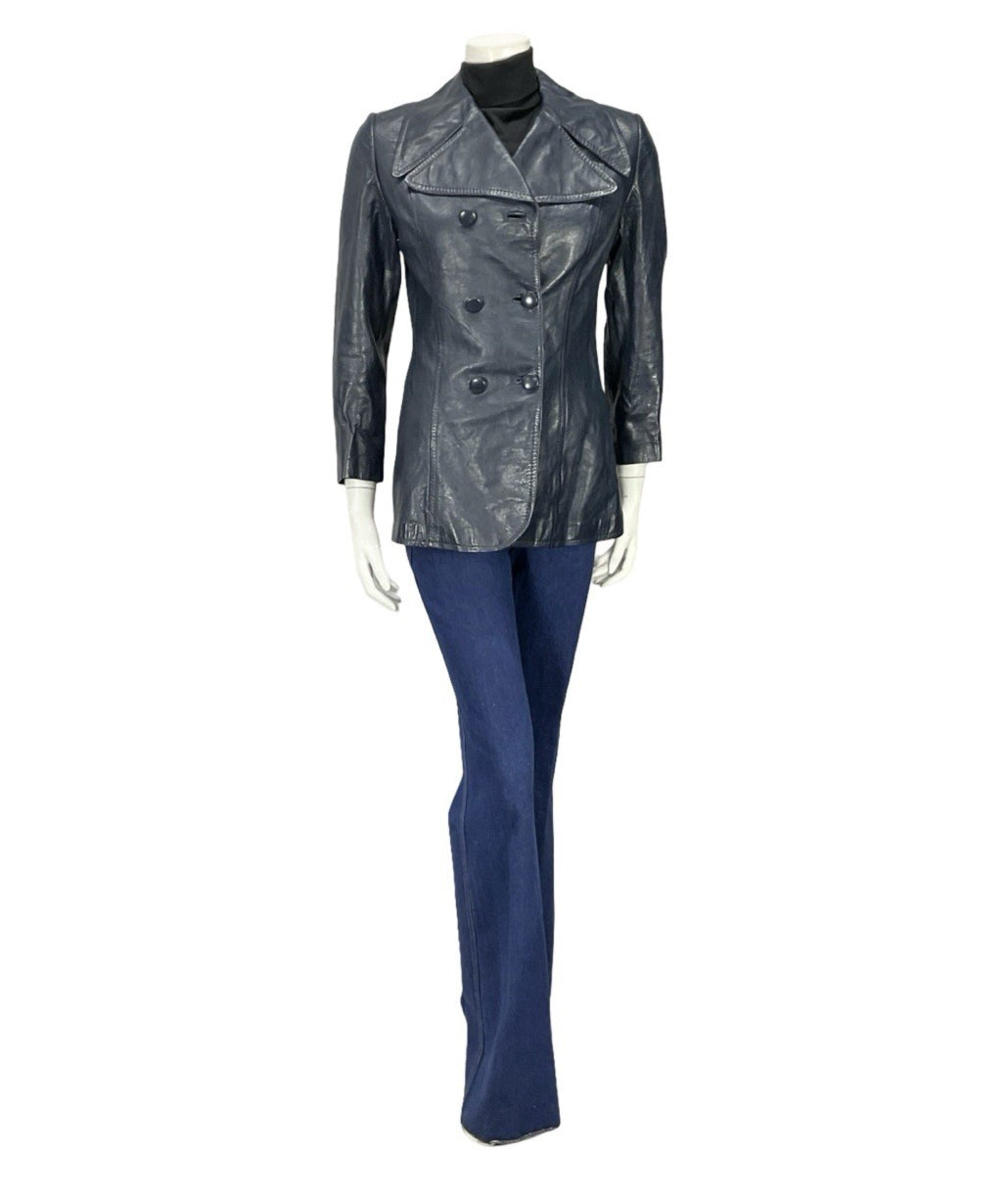 VTG 60S 70S NAVY BLUE MOD LEATHER DOUBLE BREASTED CROPPED TRENCH MAC JACKET 10