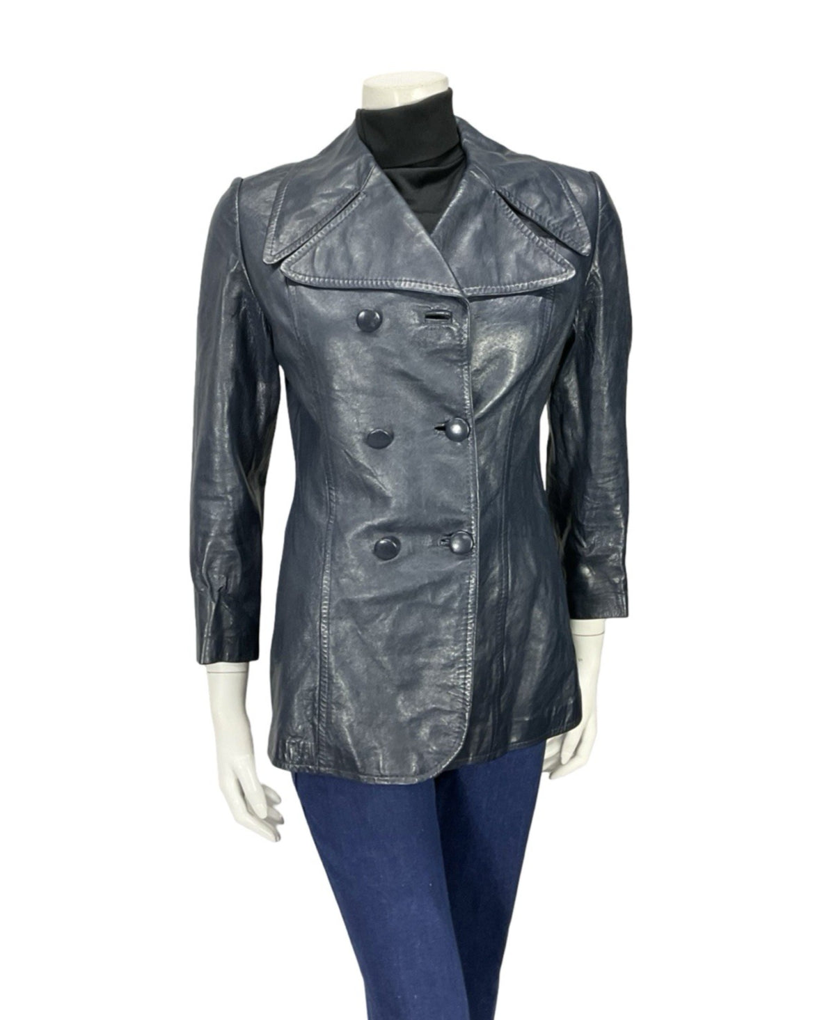 VTG 60S 70S NAVY BLUE MOD LEATHER DOUBLE BREASTED CROPPED TRENCH MAC JACKET 10