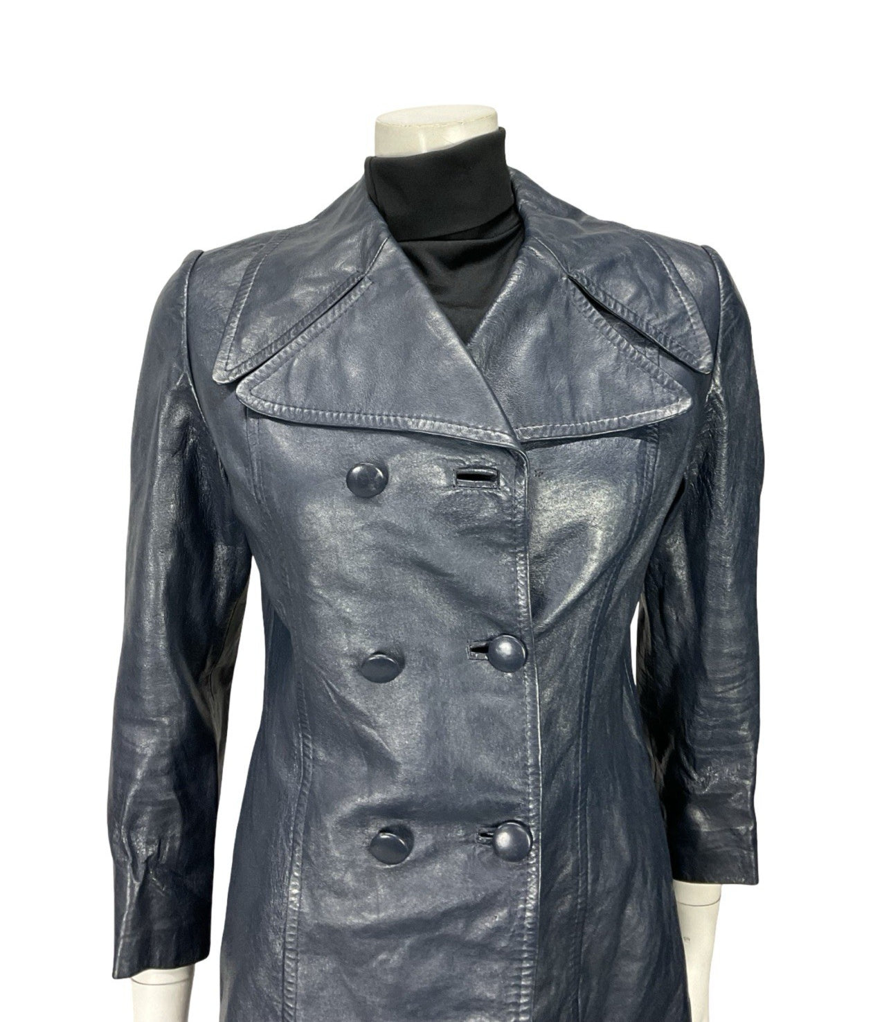 VTG 60S 70S NAVY BLUE MOD LEATHER DOUBLE BREASTED CROPPED TRENCH MAC JACKET 10