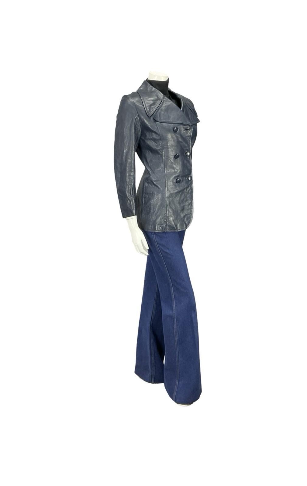 VTG 60S 70S NAVY BLUE MOD LEATHER DOUBLE BREASTED CROPPED TRENCH MAC JACKET 10