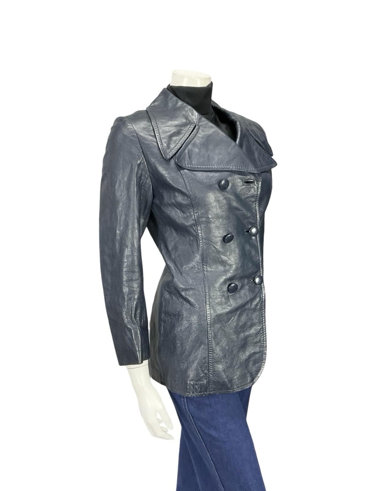 VTG 60S 70S NAVY BLUE MOD LEATHER DOUBLE BREASTED CROPPED TRENCH MAC JACKET 10