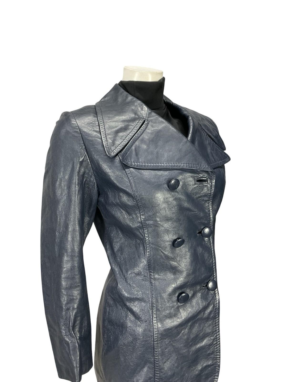 VTG 60S 70S NAVY BLUE MOD LEATHER DOUBLE BREASTED CROPPED TRENCH MAC JACKET 10
