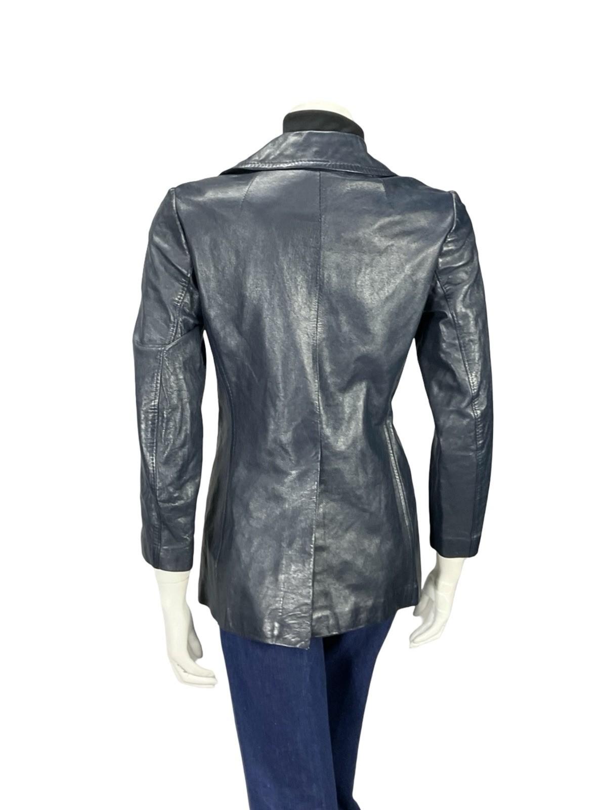 VTG 60S 70S NAVY BLUE MOD LEATHER DOUBLE BREASTED CROPPED TRENCH MAC JACKET 10