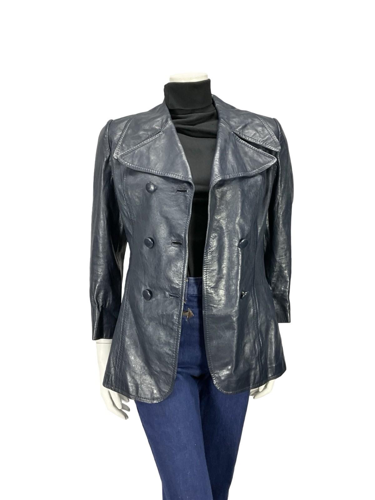 VTG 60S 70S NAVY BLUE MOD LEATHER DOUBLE BREASTED CROPPED TRENCH MAC JACKET 10