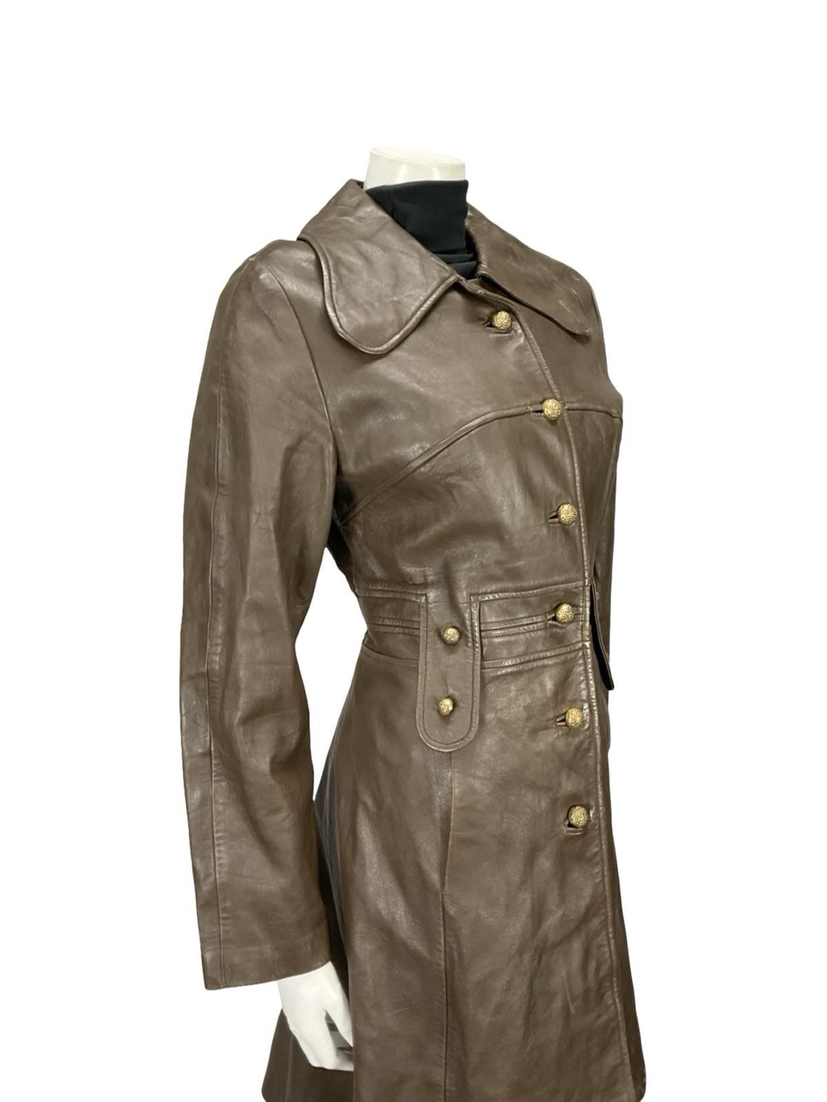VTG 60S MOD MILITARY DOG EAR COLLAR GOLD BUTTON BROWN LEATHER MAC JACKET 12