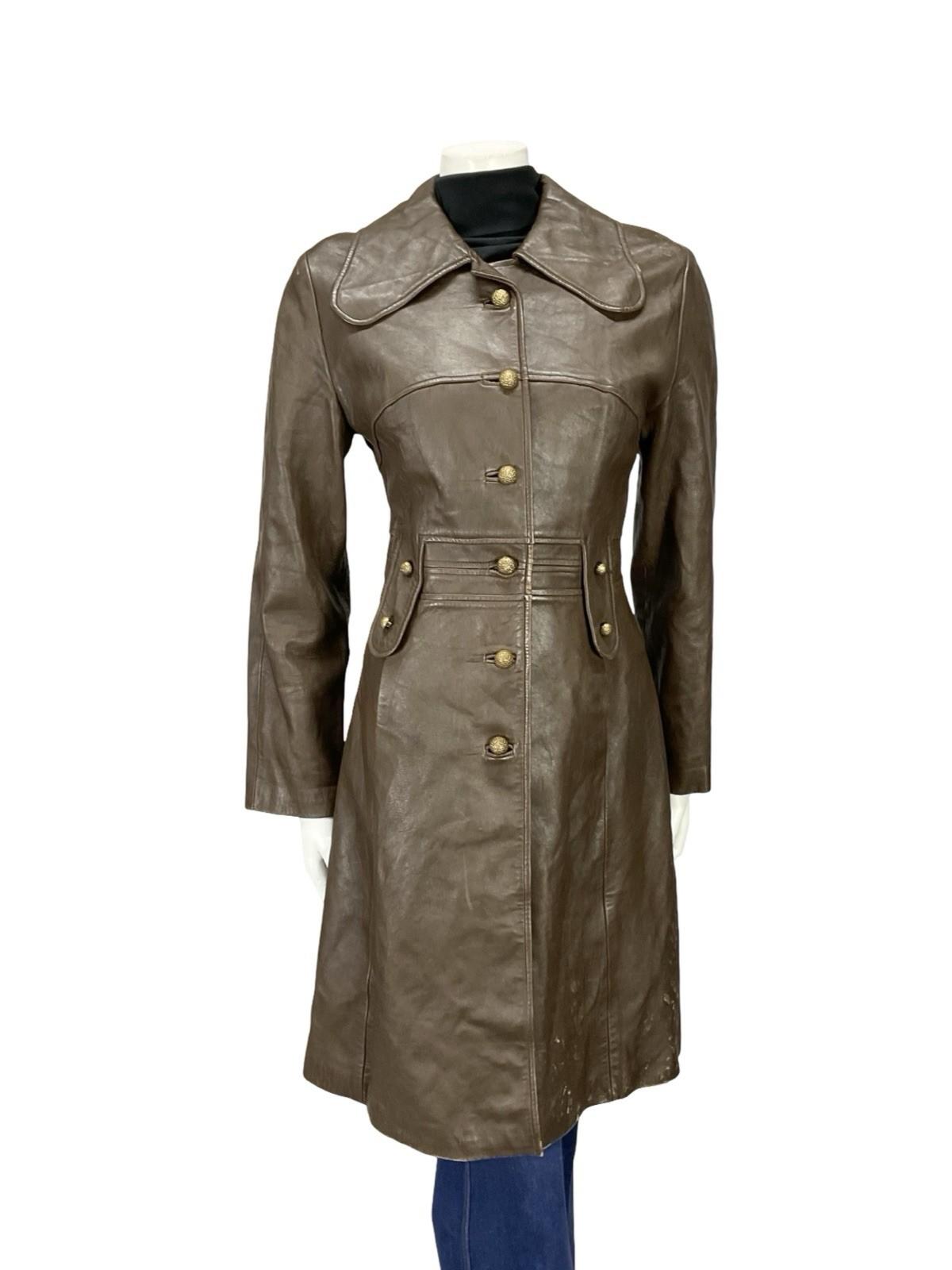 VTG 60S MOD MILITARY DOG EAR COLLAR GOLD BUTTON BROWN LEATHER MAC JACKET 12