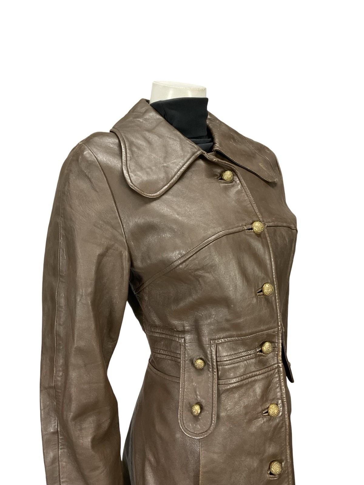 VTG 60S MOD MILITARY DOG EAR COLLAR GOLD BUTTON BROWN LEATHER MAC JACKET 12