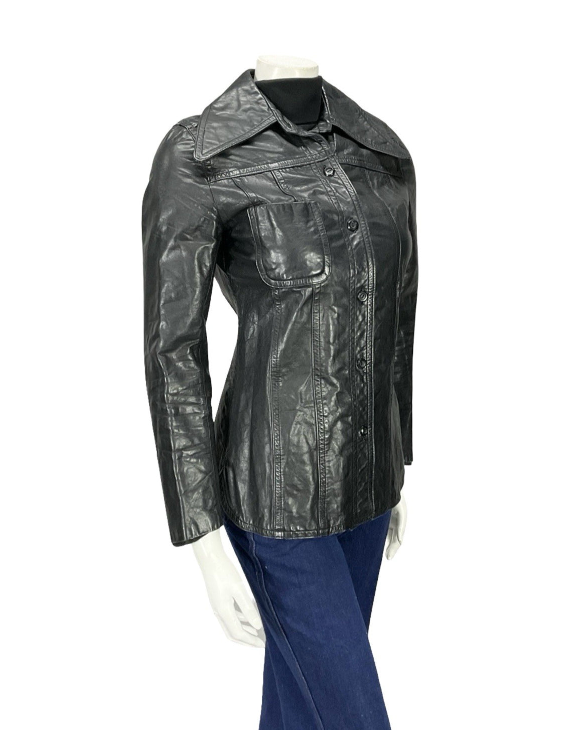 VTG 60S 70S JET BLACK LEATHER MOD DAGGER COLLAR BUTTON UP JACKET 8