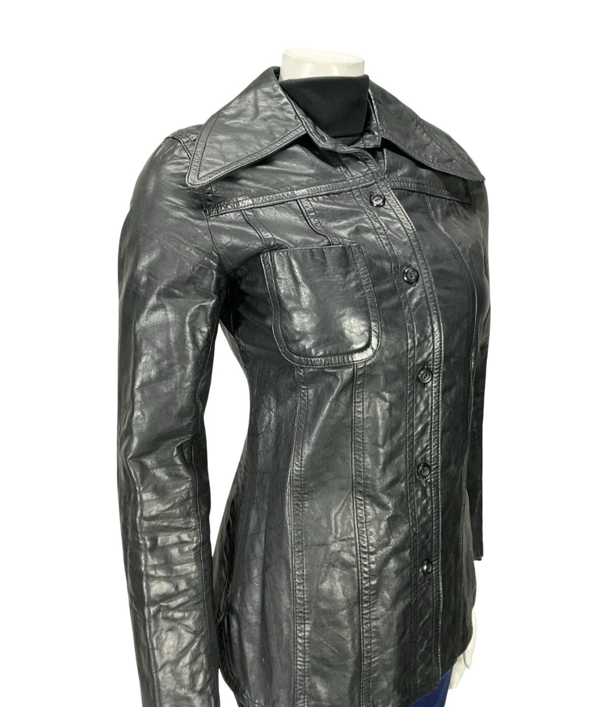 VTG 60S 70S JET BLACK LEATHER MOD DAGGER COLLAR BUTTON UP JACKET 8
