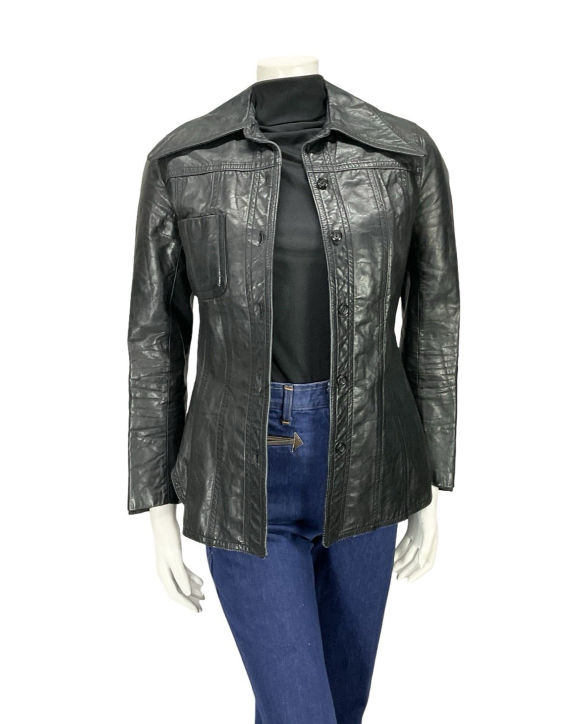 VTG 60S 70S JET BLACK LEATHER MOD DAGGER COLLAR BUTTON UP JACKET 8