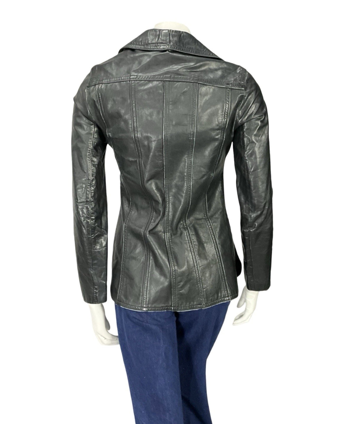 VTG 60S 70S JET BLACK LEATHER MOD DAGGER COLLAR BUTTON UP JACKET 8