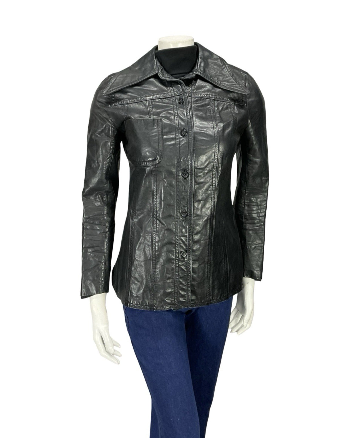 VTG 60S 70S JET BLACK LEATHER MOD DAGGER COLLAR BUTTON UP JACKET 8