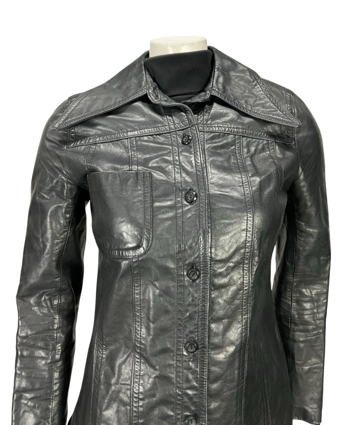 VTG 60S 70S JET BLACK LEATHER MOD DAGGER COLLAR BUTTON UP JACKET 8